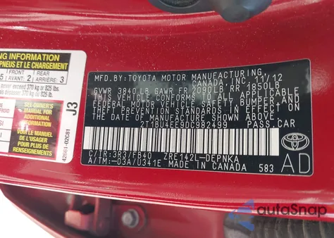 2013 Toyota Corolla Le from USA, damaged, VIN 2T1BU4EE9DC982499